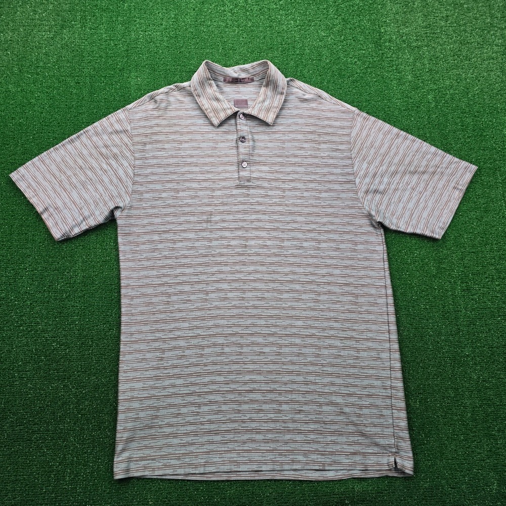 Nike Tiger Woods Polo Shirt Mens Large Green Gray Striped Golf Performance